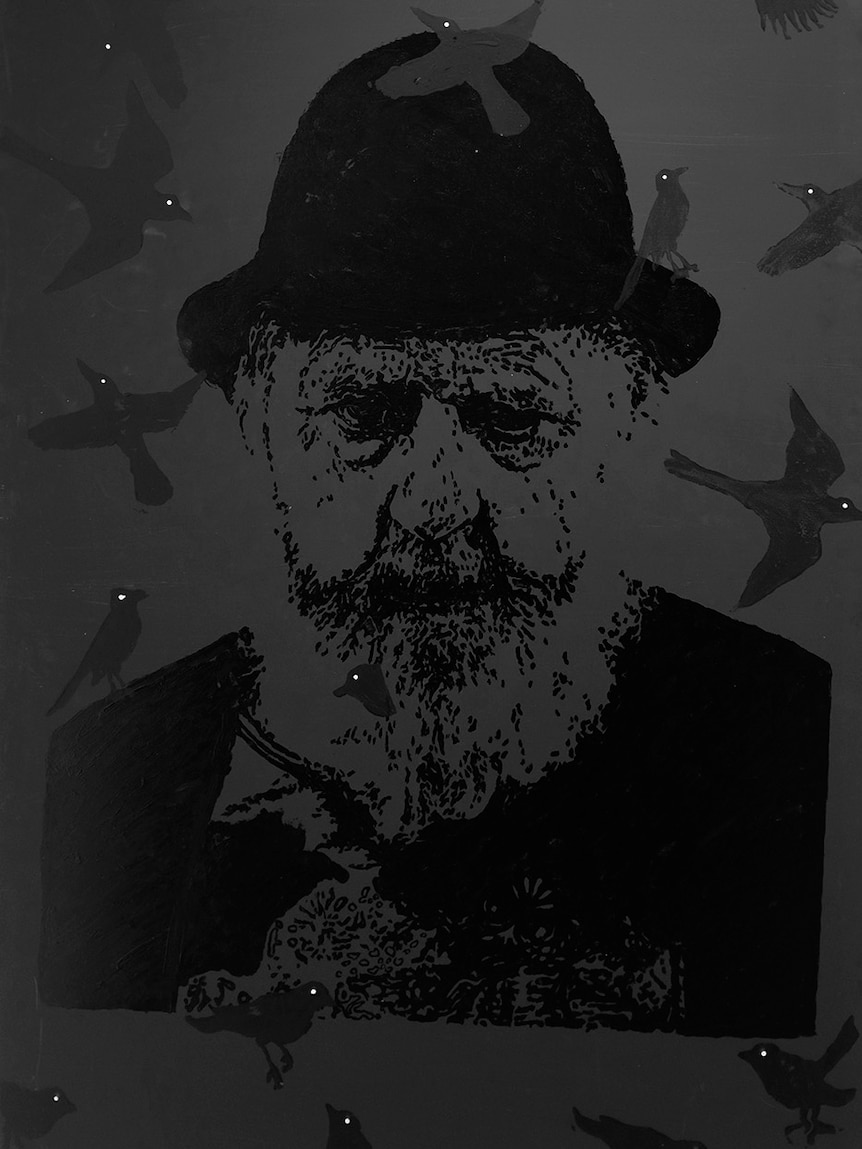 A portrait of a bearded man in a bowler hat surrounded by flying birds, all painted in different shades of grey and black.