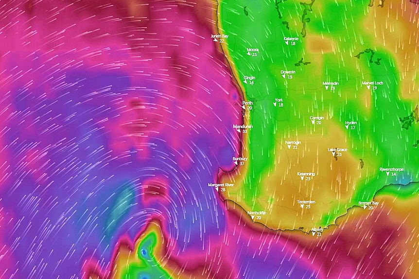 A radar image of WA's south-west showing a purple storm off the coast with the land coloured green and yellow.