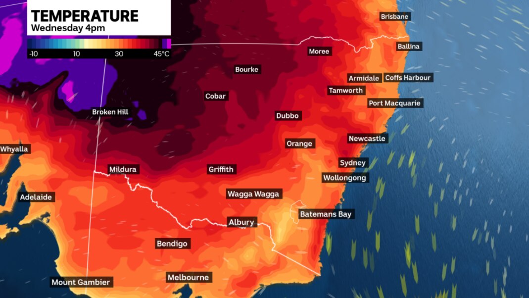 A map of southeastern Australia where hotter regions are shaded dark red and cooler areas are light red to yellow.