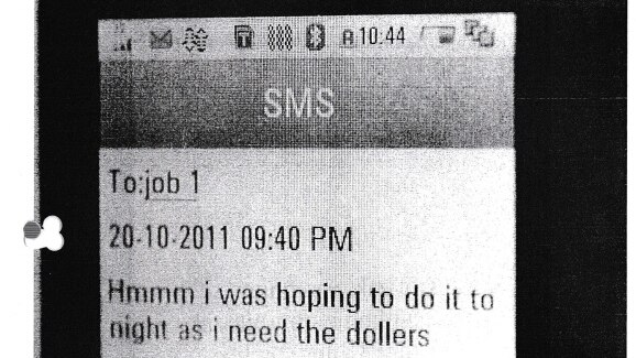 A black-and-white scanned image of a mobile phone screen. SMS says: "Hmmm i was hoping to do it to night as i need the dollers".