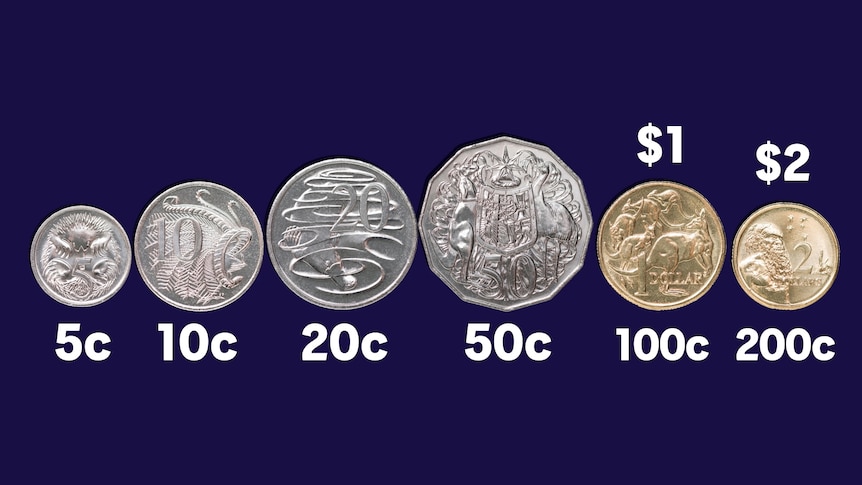 Australian coins in a row from 5 cents up to 2 dollars