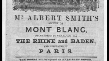 An old poster advertising a play in London about a tourist's ascent of Mont Blanc.