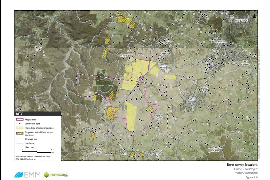 Map showing hundreds of ground water bores around the proposed mine.