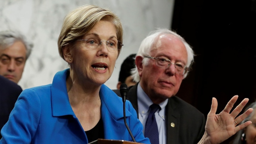 Elizabeth Warren speaks into a microphone.