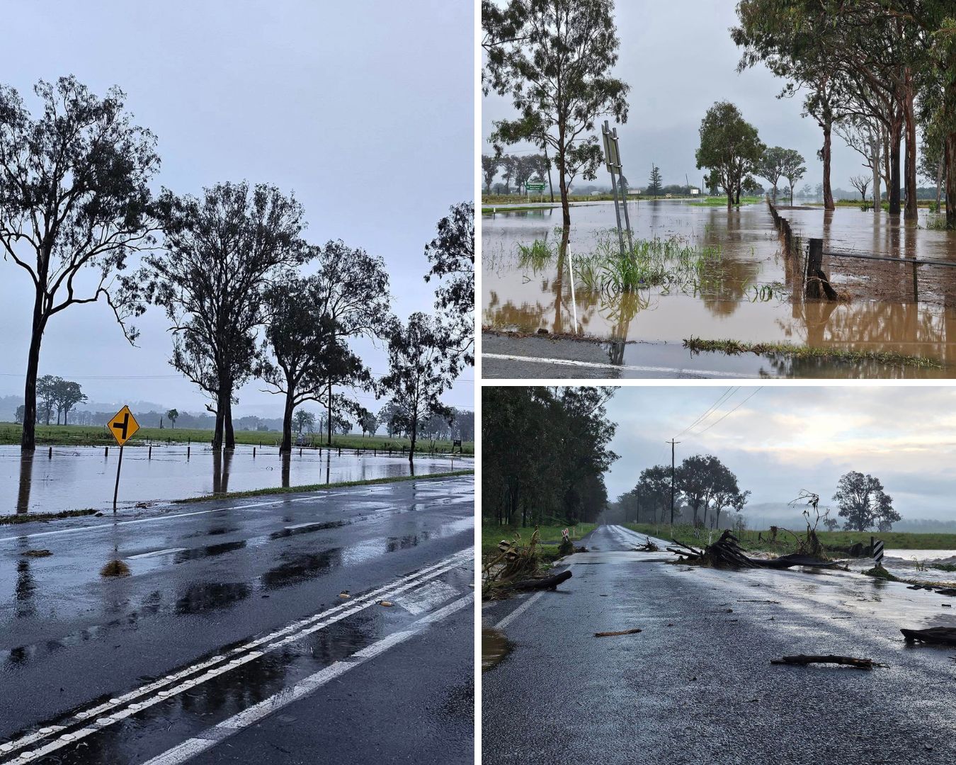 A collage of photos showing floodwaters and minor damage near a bitumen road.