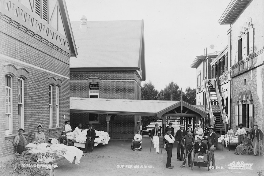 Patients enjoying a breath of fresh air at the Royal Adelaide Hospital (circa 1895).