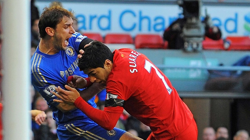 Moment of infamy ...  Liverpool striker Luis Suarez (R) bites Chelsea's Branislav Ivanovic.