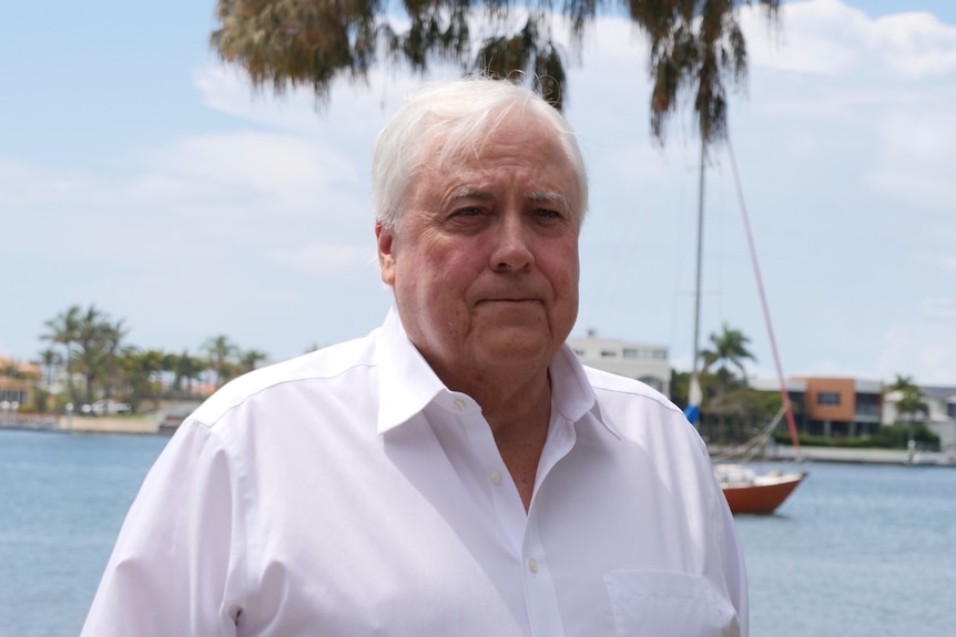 Clive Palmer with white hair wearing white shirt against blue water, sail boat and houses addressing media