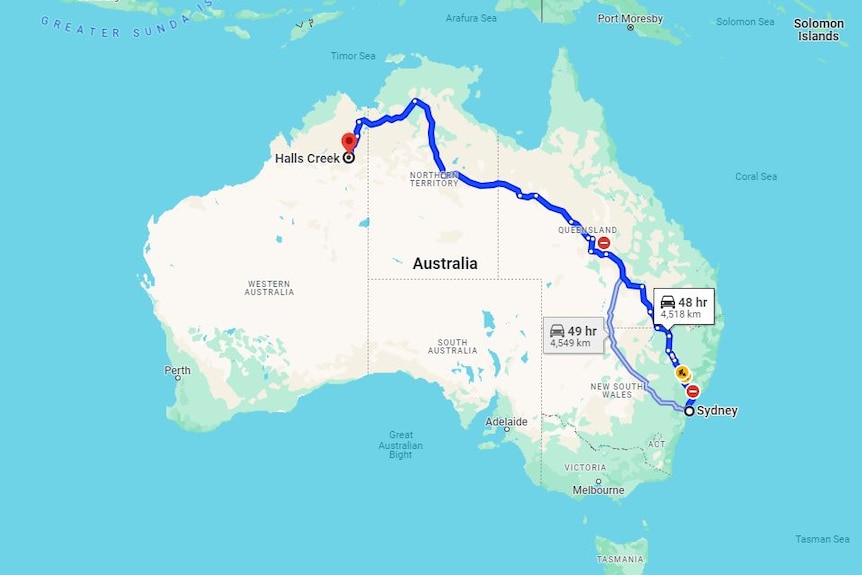 A map showing a travel route from northern WA to Sydney, NSW.