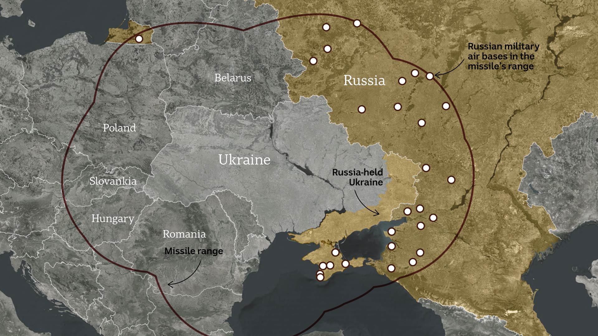 Map of Ukraine and surrounding countries showing the range of JASSM missiles and the airbases within that range. 
