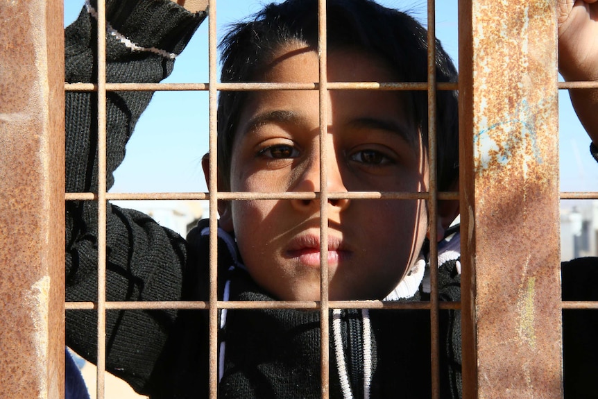 A boy stares through a wire fence.