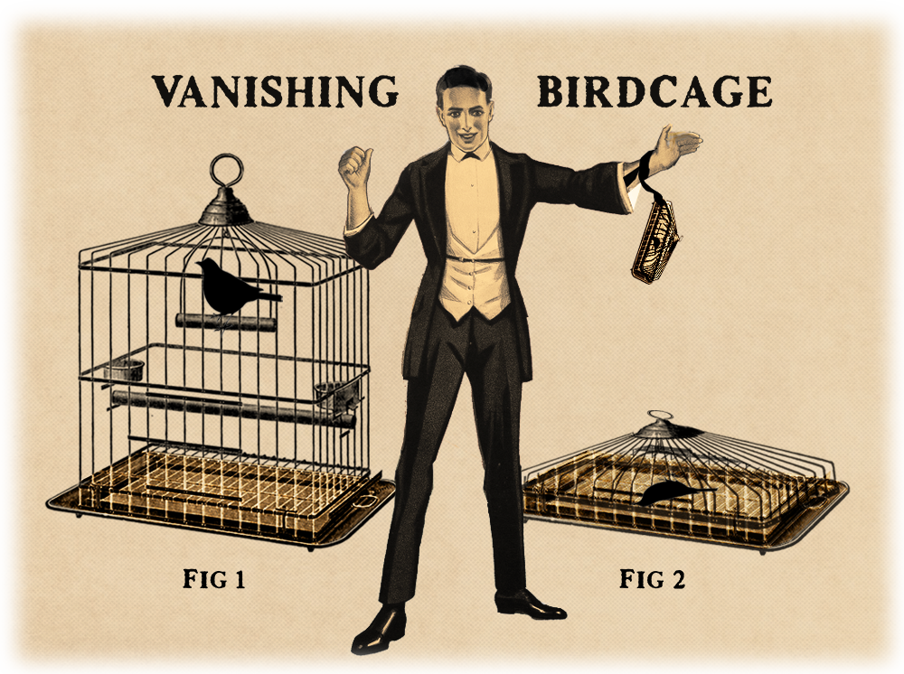 An illustration showing a magician performing the vanishing birdcage trick, where the cage collapses and slides up his sleeve.