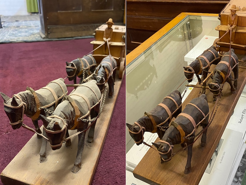 A before and after comparison of a wooden horse and cart model cleaned with saliva.