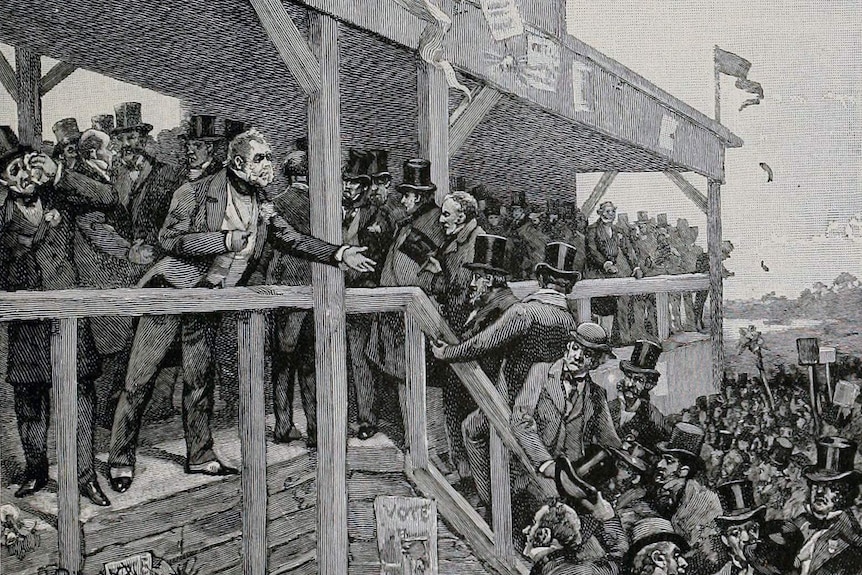 An illustration of British politician William E Gladstone, later prime minister, on the hustings.