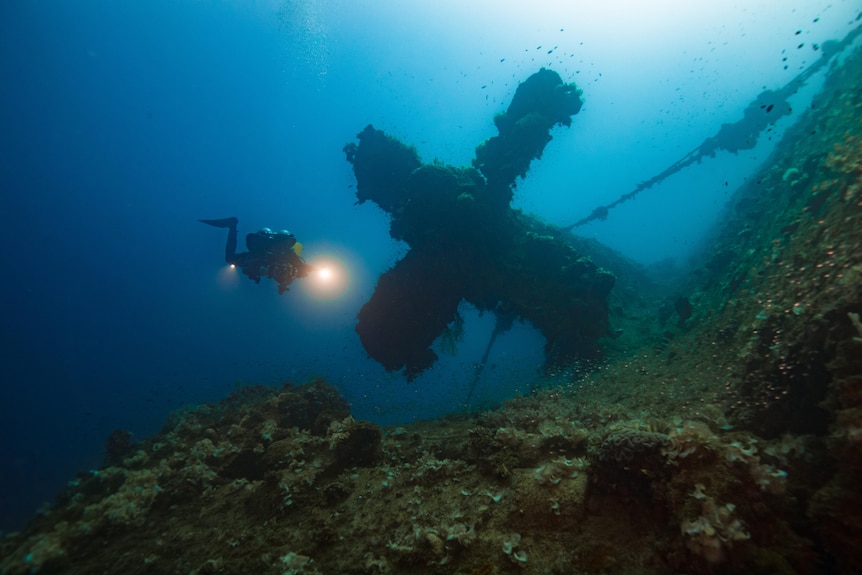 An underwater diver pictured at at shipwreck in Chuuk Lagoon, FSM.