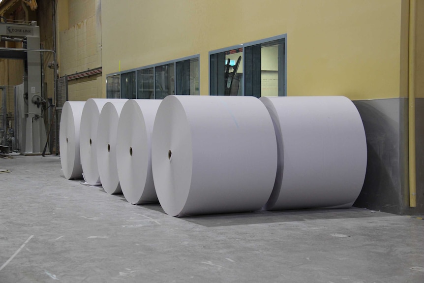 Big reams of paper inside the Boyer paper mill