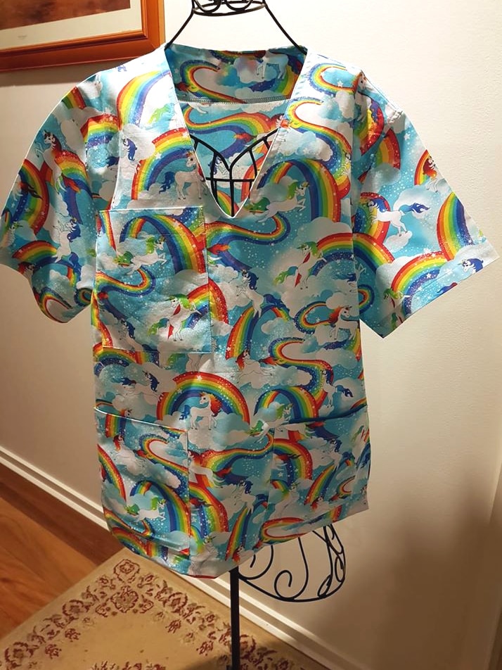 Scrubs with a unicorn pattern.