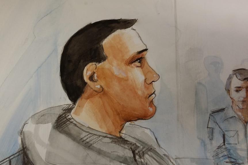 Artist sketch of Kevin Ly, appearing at Fairfield Local Court.