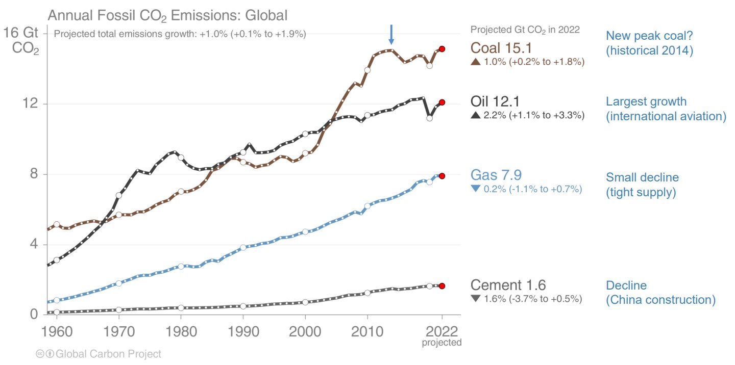 A graph comparing CO2 emissions from different fossil fuels.