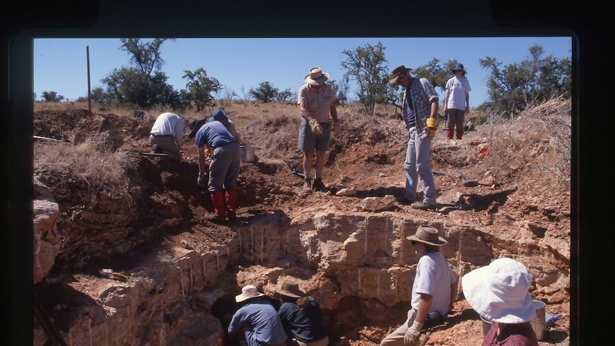 A team of men and women crowd around a large hole in the ground