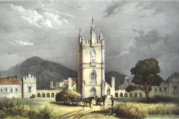 Painting of historic Anglican church surrounded by fields and with two horses in the foreground 