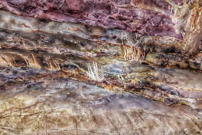 A purple, brown and white coloured rock wall with indents and scratches.