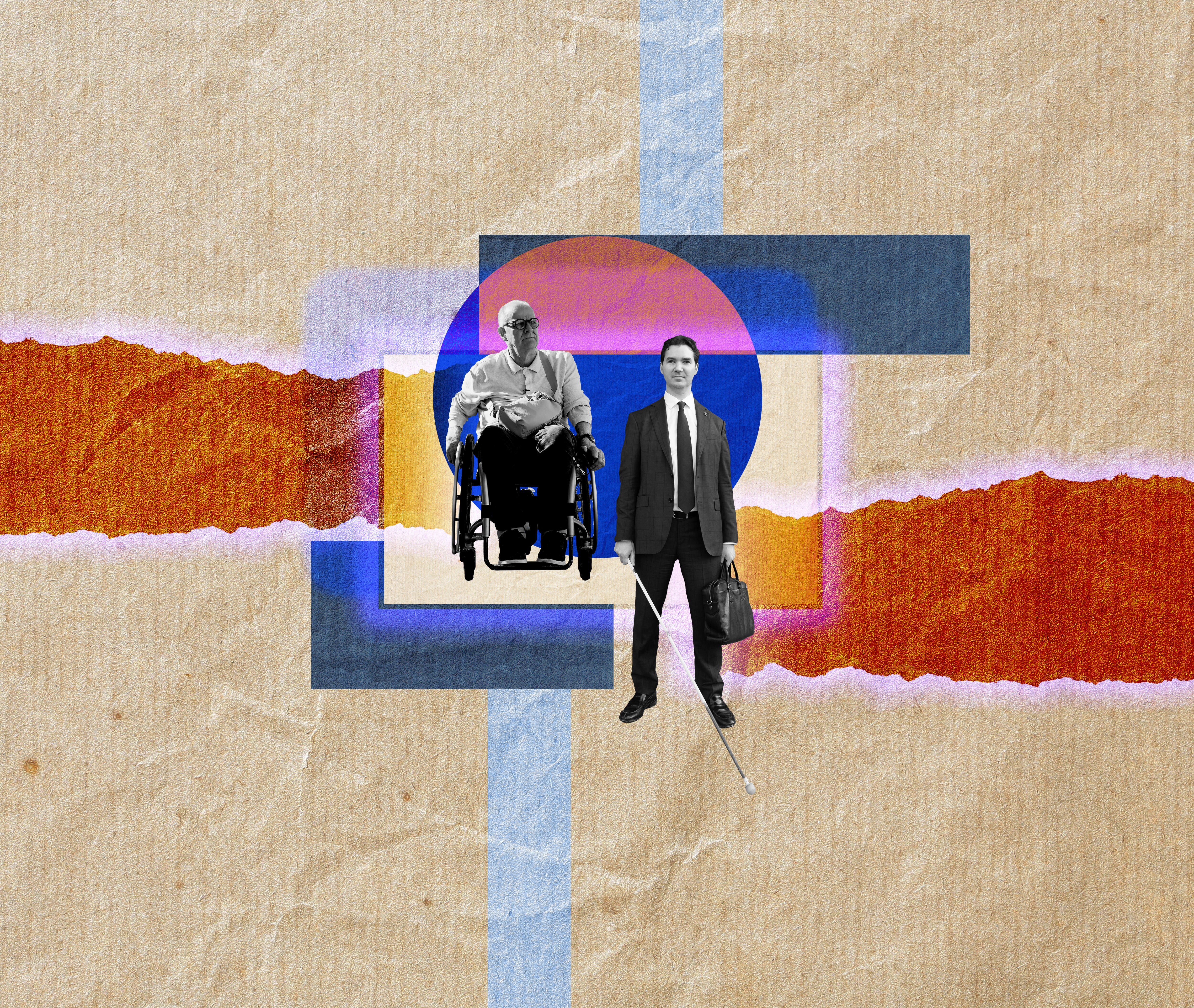 A orange page rip is added to the picture on the right hand side, revealing a frame around the two men