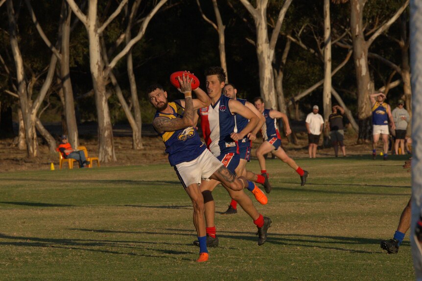 A footy player catches a footy in front of an opponent during a match