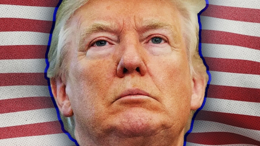 Donald Trump's face pictured against a backdrop of red and white horizonal stripes