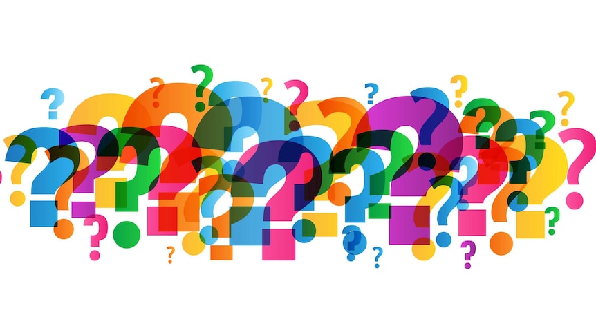 Stock illustration with colourful array of overlapping, semi-transparent question marks, on a white background.