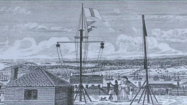 Old print of Fort Phillip buildings and ships in distance