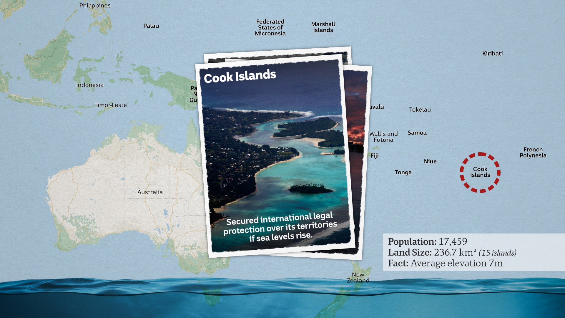 A postcard showing an aerial shot of the Cook Islands.