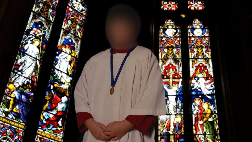 A young choirboy wearing red and white robes with his face blurred.