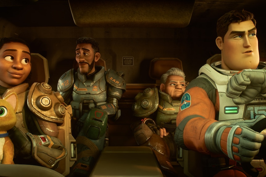 Four animated people wearing space suits and an orange robot cat sit inside a vehicle.