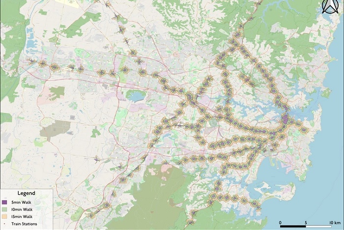 Map of Sydney marked with train stations and coloured concentric circles showing how long it takes to walk to these stations.
