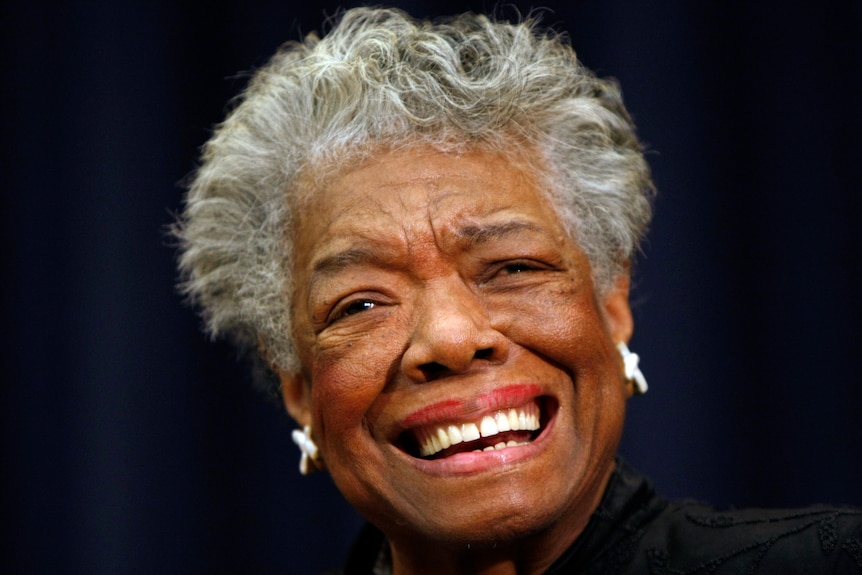 A close up photo dated 2008 of Maya Angelou smiling.   