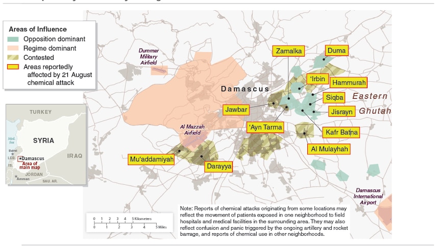 Damascus area of influence and reportedly affected by the August 21 chemical attack, Whitehouse release, August 2013