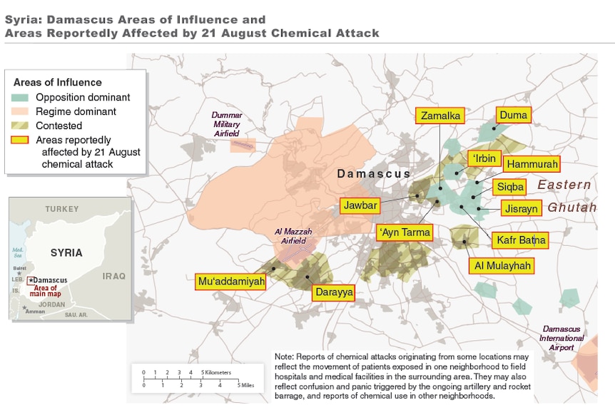 Damascus area of influence and reportedly affected by the August 21 chemical attack, Whitehouse release, August 2013