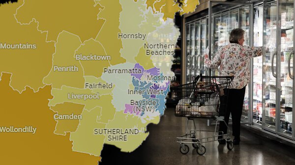 A map of Sydney alongside a woman shopping in a supermarket