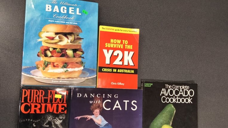 A top-down shot of books with titles including: 'The Ultimate Bagel cookbook', 'how to survive the y2k crisis in Australia',