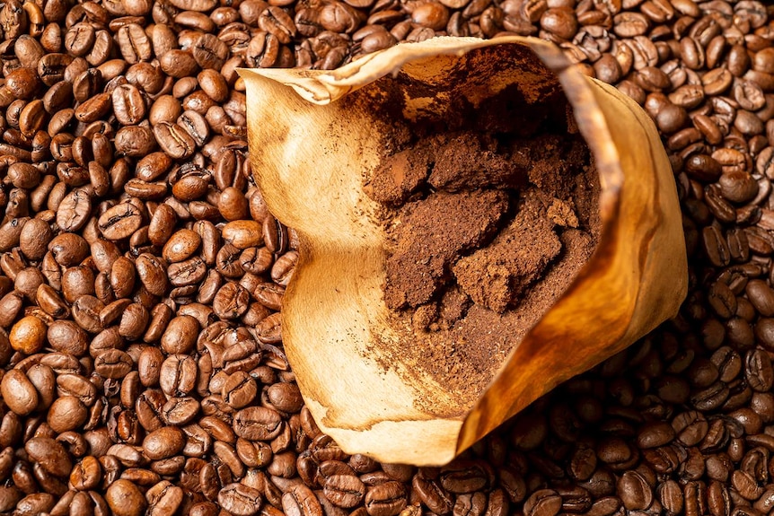 A paper bag of ground coffee sits on top of a pile of coffee beans.