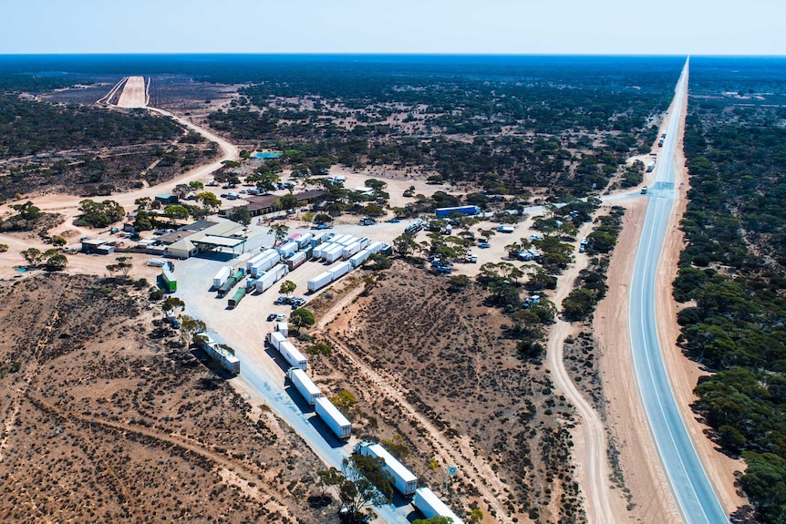 A drone photograph of a remote roadhouse on the Nullarbor