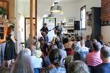 Candelo musicians Sam Martin and Michael Menager perform at the launch of Restless Giants.