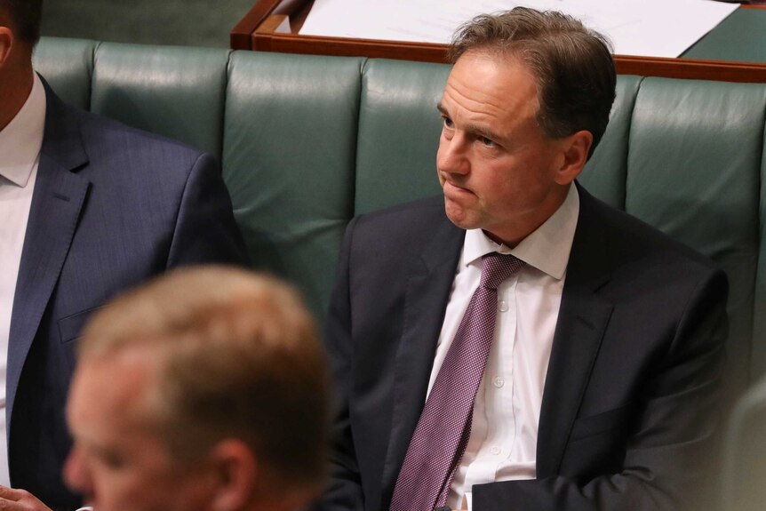 Greg Hunt, wearing a maroon patterned tie, sucks his lips into a grimace. He is sitting on the front bench in the House of Reps