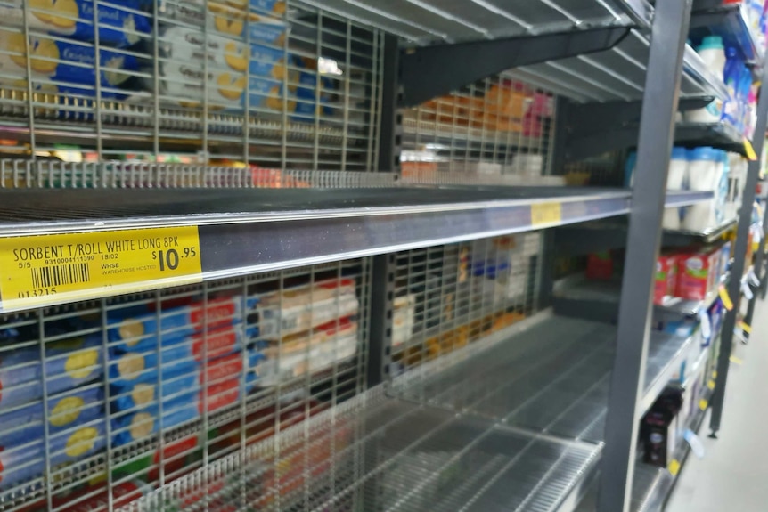 A close up picture of empty supermarket shelves where the toilet paper should be.