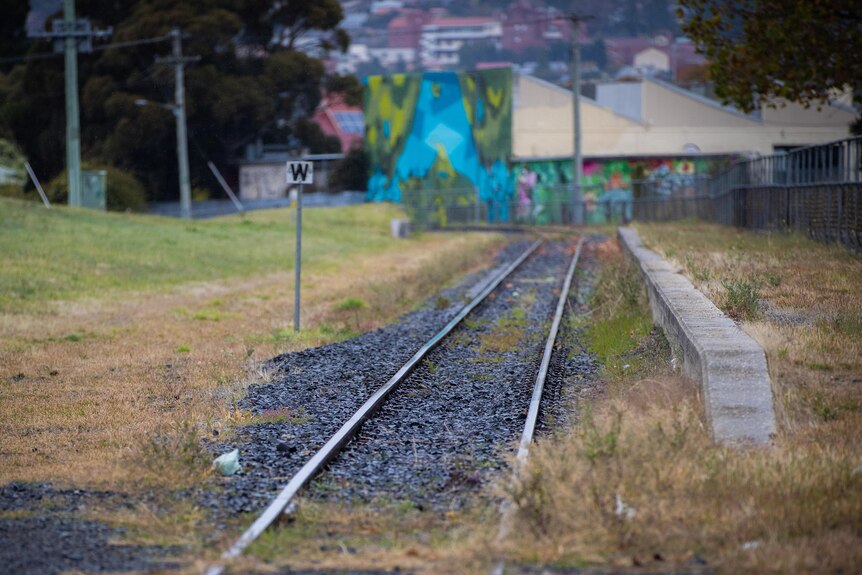 An unused railway line in suburbia.