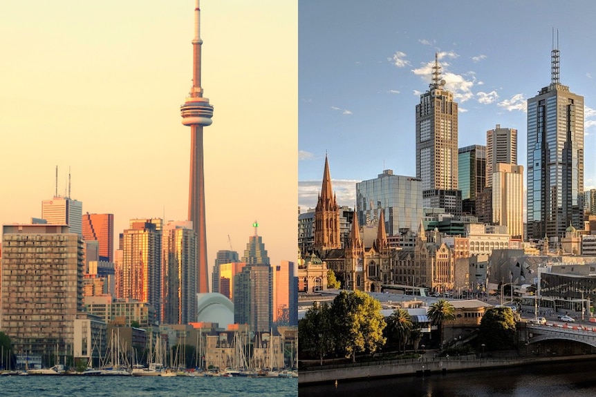 Two images side-by-side of the Toronto and Melbourne city skylines.