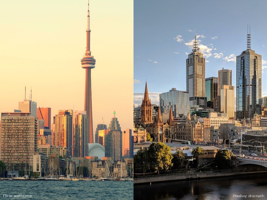 Two images side-by-side of the Toronto and Melbourne city skylines.