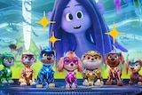A composite image of animations of a large purple kraken-girl hybrid, and of the super-dogs in paw patrol.
