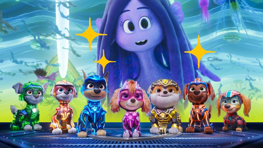A composite image of animations of a large purple kraken-girl hybrid, and of the super-dogs in paw patrol.